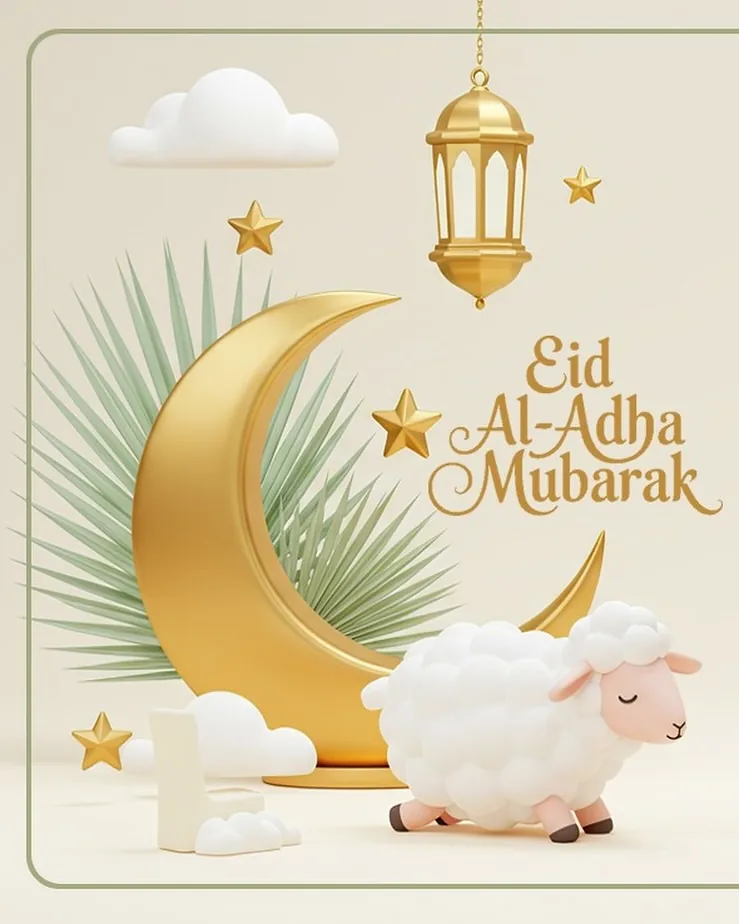 Eid Al Adha greeting design with a gold crescent, stars and a white sheep