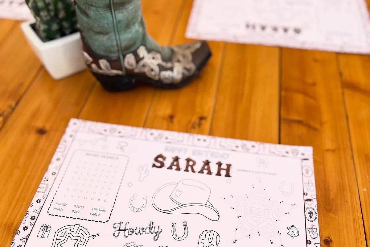 Western birthday activity placemat personalized for a child’s table setting